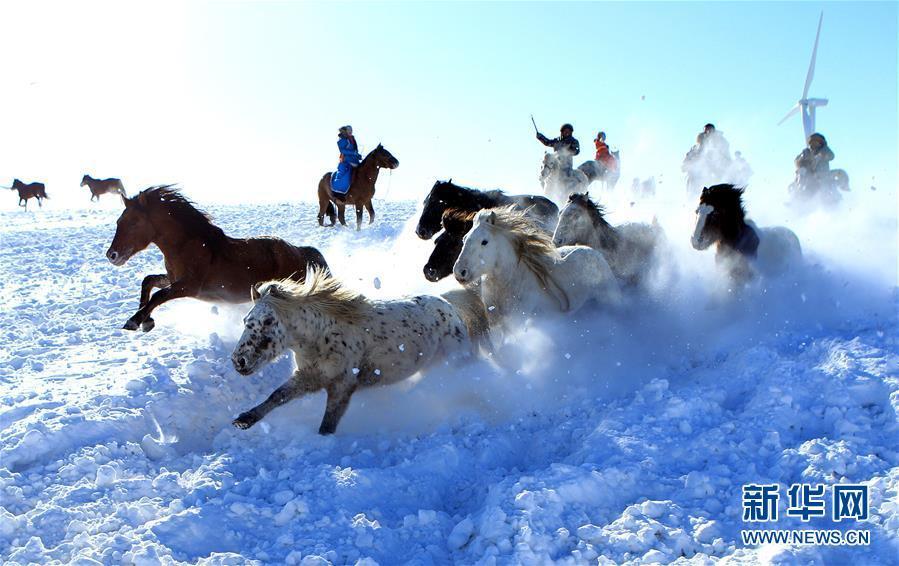 雪原で馬馴らしをする牧畜民　 冬季観光シーズンの内蒙古