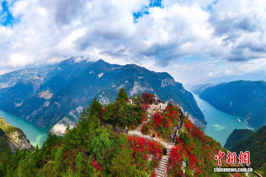 長江巫峡の両岸を彩る鮮やかな紅葉　重慶市巫山